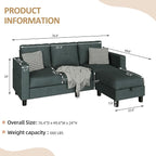 JAMFLY Convertible L-Shaped Sectional Sofa with Reversible Storage Ottoman, 3-Seat Modern Fabric Couch for Living Room, Small Space Apartment Sofa with Side Pockets & Firm Cushions, Grey Linen