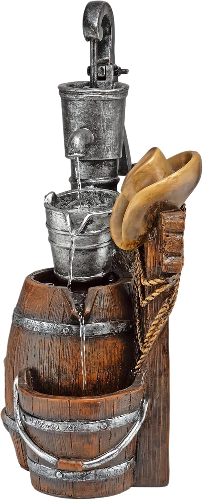 Alpine Corporation Outdoor Vintage Pump and Barrel with Cowboy Hat Fountain Yard Art Decor, 26" Tall, Brown