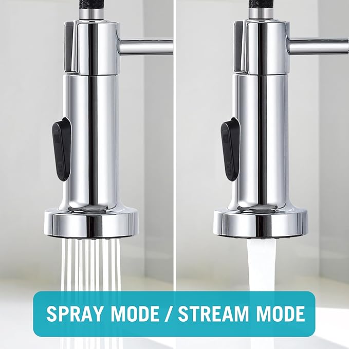 DJS Kitchen Faucets with Pull Down Sprayer Chrome High Arc Single Handle 1 or 3 Holes Spring Kitchen Sink Faucet with Deck Plate for Farmhouse RV Vessel Basin