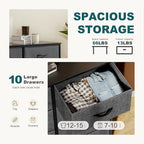 Dresser for Bedroom with 10 Drawers, Anti-Tip Tall Fabric Chests Storage Organizer Tower Furniture with Wooden Top Metal Frame for Clothes, Closet, Living Room, Hallway, Entryway