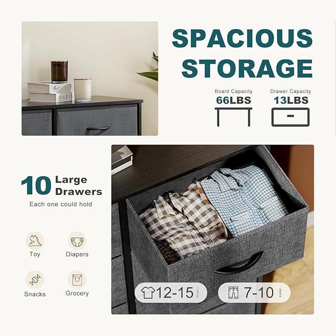 Dresser for Bedroom with 10 Drawers, Anti-Tip Tall Fabric Chests Storage Organizer Tower Furniture with Wooden Top Metal Frame for Clothes, Closet, Living Room, Hallway, Entryway