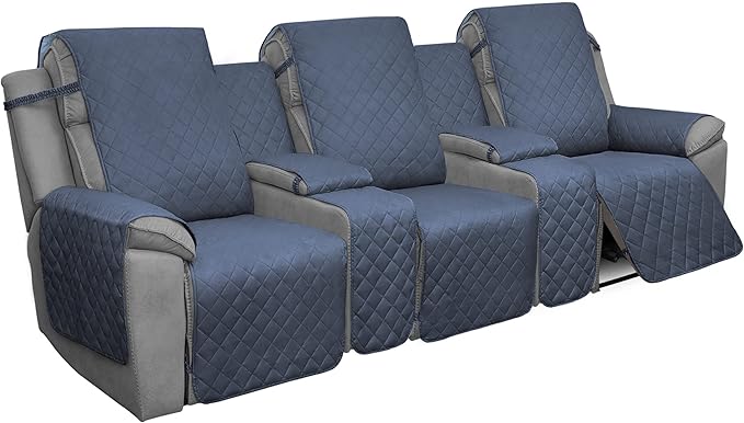 Easy-Going Recliner Sofa Cover with Console, Reversible Couch Cover for Living Room, Split Sofa Cover for Each Seat with Elastic Straps for Kids, Dogs, Pets (3 Seater, Dark Blue/Light Blue)