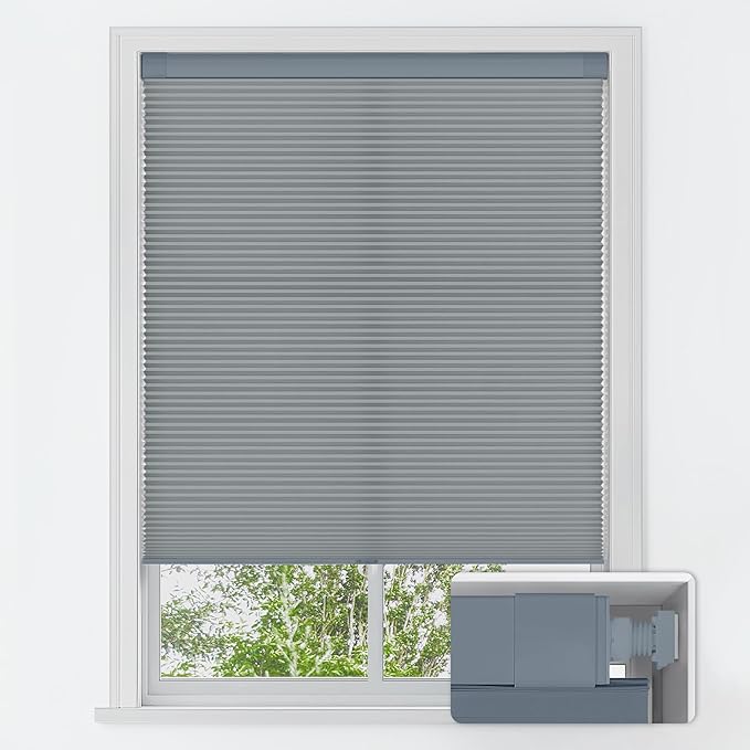 LazBlinds No Tools No Drill Cordless Cellular Shades, Light Filtering Honeycomb Shades for Home, Thermal Insulation Blinds for Windows, 55" W x 64" H, Dark Grey