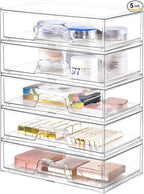 5 Pack Makeup Organizer Stackable, 12.1''L Bathroom Organizer and Storage Acrylic Undersink Drawer Organizer, Cosmetics and Beauty Supplies,Clear Plastic Storage Bins for Vanity,Pantry,Cabinet,Kitchen