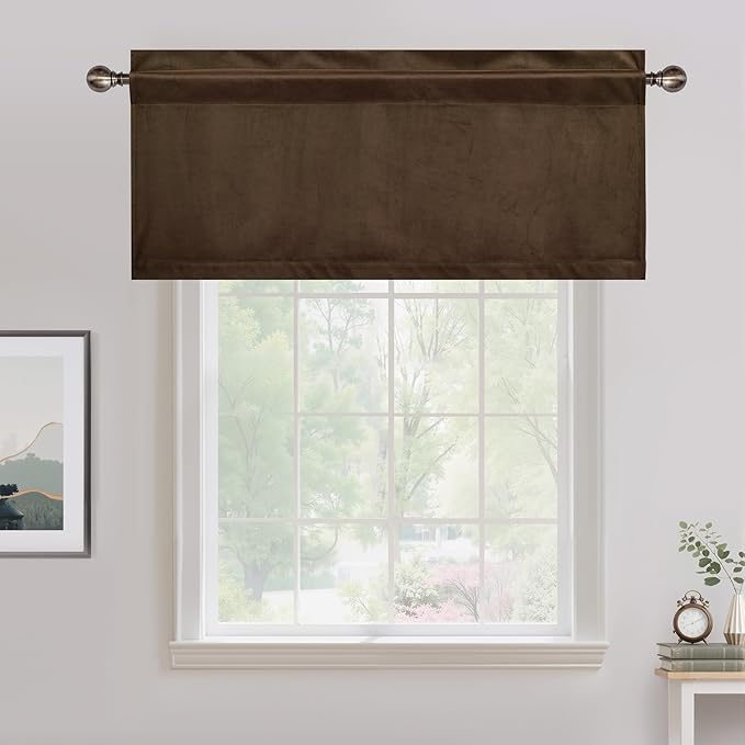 NICETOWN Brown Velvet Valance Curtains for Windows 18 inch Length, Kitchen Window Treatment Room Darkening, W52 x L18, 1 Panel