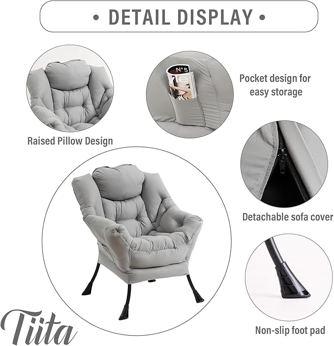 Tiita Lazy Chair with Ottoman, Light Grey Modern Large Accent Chair, Comfy Leisure Sofa Armchair with Ottoman, Reading Chair with Footrest for Bedroom, Living Room, Dorm Rooms, Light Grey