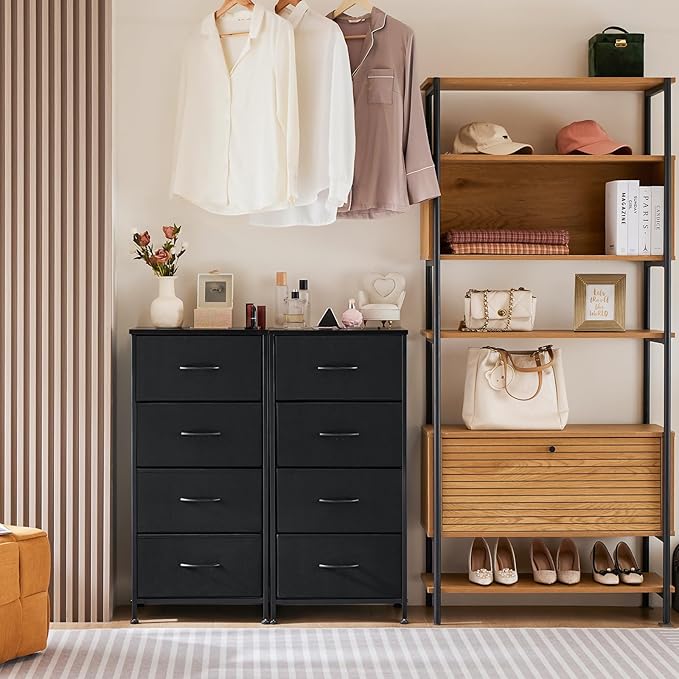 Dresser for Bedroom with 4 Drawers, Anti-Tip Tall Fabric Chests Storage Organizer Tower Furniture with Wooden Top Metal Frame for Clothes, Closet, Living Room, Hallway, Entryway