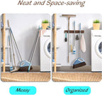 Mop Broom Holder Wall Mount with 3 Slots & 4 Hooks - Wood Broom Mop Hanger for Pantry Kitchen Organization - Garden Tool Organizer for Closet Laundry Room - for Rustic Farmhouse Kitchen Decor