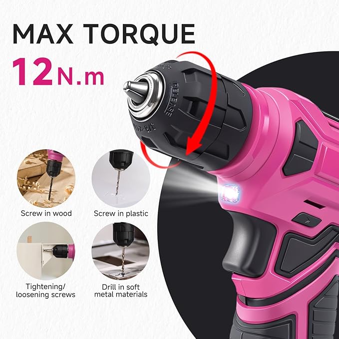 Tool Set - Tool Kit with 8V Cordless Drill, 132 Piece Tool Box with Drill, Home Tool Kits for Women & Men, Hand Drill Set Perfect for Homeowner, Diyer, Handyman - Pink