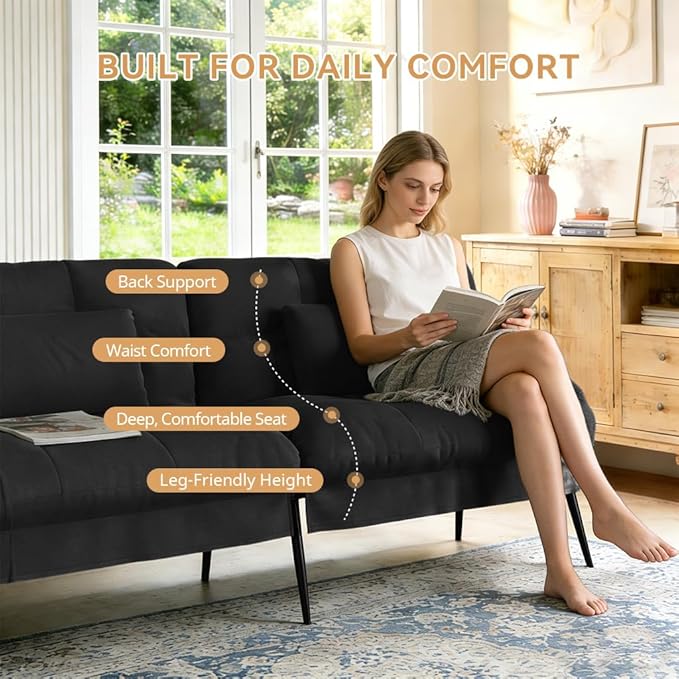 COMHOMA 72″Futon Sofa Bed,Modern Convertible Sleeper Sofa, Fabric Futon Couch with Multi-Position Backrest for Living Room Furniture (Black)