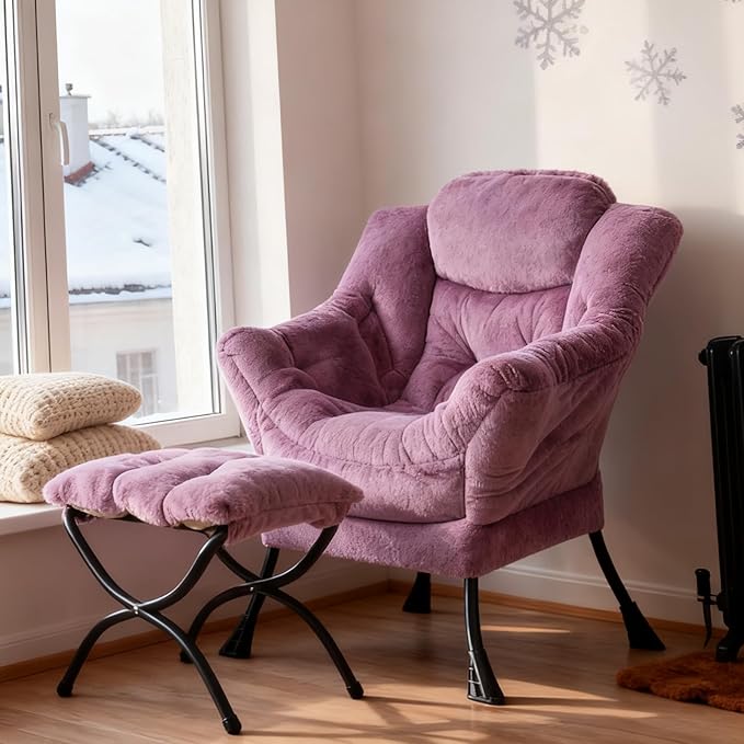 Welnow Lazy Chair with Ottoman, Modern Accent Chair with Armrests and a Side Pocket, Leisure Sofa Armchair Set, Reading Armchair with Footrest for Small Space, Plush Purple