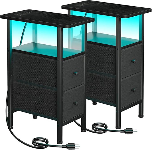 Narrow Nightstand with Charging Station, End Tables Living Room Set of 2, Skinny Side Table with Fabric Drawers, Small Sofa Table with LED Light for Bedroom, Black, HETNDP02LBK
