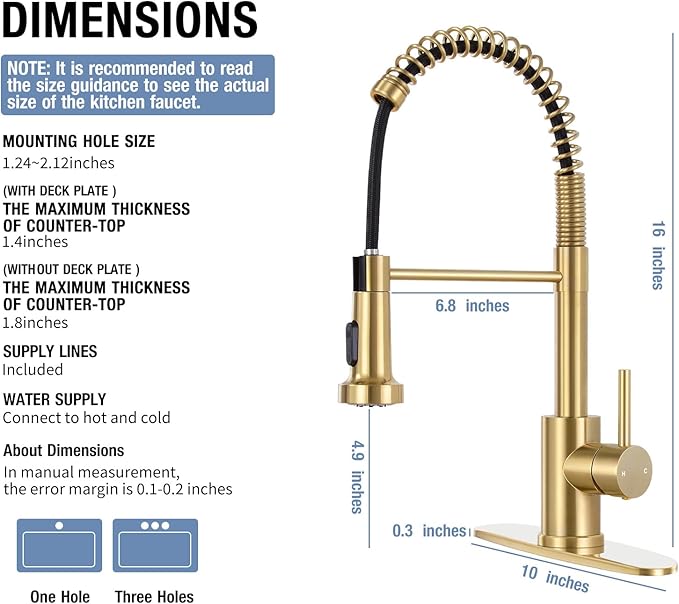 DJS Kitchen Faucets with Pull Down Sprayer Brushed Gold High Arc Single Handle 1 or 3 Holes Spring Kitchen Sink Faucet with Deck Plate for Farmhouse RV Vessel Basin