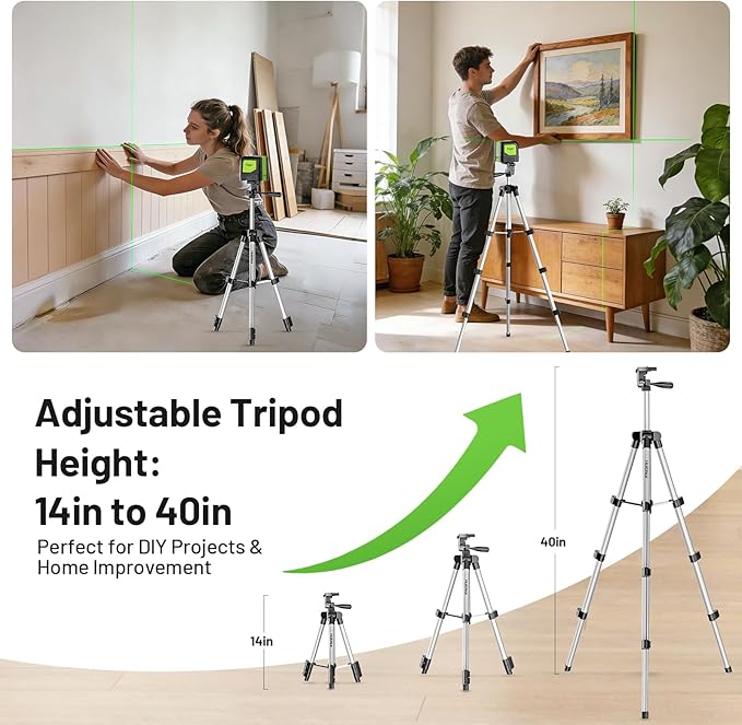 Huepar Laser Level with Tripod,100Ft Self Leveling Green Cross Line Laser for Picture Hanging, Tile, Decoration & DIY Construction – AA Battery&Picture Hanging Strips, Indoor Use