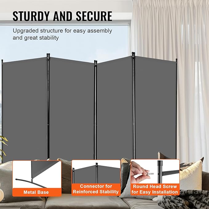 VEVOR Room Divider, 4 Panel Room Divider, 136" W Folding Privacy Screen and Portable Partition Divider for Room Separation, Freestanding Room Partitions for Office, Bedroom, Study, Grey