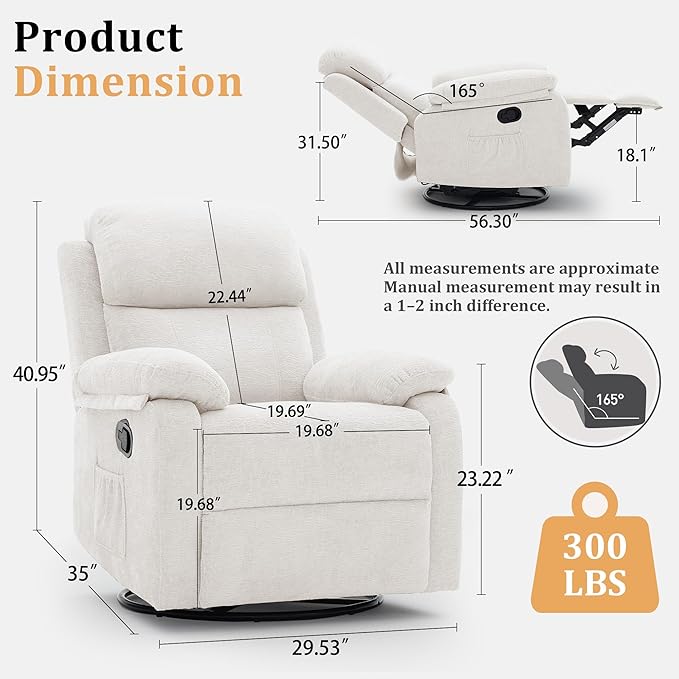 Recliner Chair, 360 Swivel Rocker Chair for Adults, Small Rocking Recliner Chair for Small Spaces, Upholstered Chenille Fabric Glider Recliner Nursery Chair with Side Pockets for Living Room
