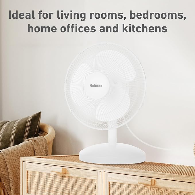 Holmes 12 Inch Oscillating Table Fan 3 Speeds 75 Degree Wide Angle Oscillation 15 Degree Adjustable Head Tilt Quiet Cooling for Home Office Bedroom Manual Control White