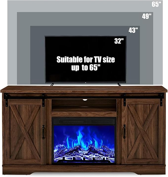 AMERLIFE Fireplace TV Stand with Sliding Barn Door for TVs up to 65", Farmhouse 59" Fireplace Entertainment Center with Storage Cabinets/Adjustable Shelves, Dark Walnut
