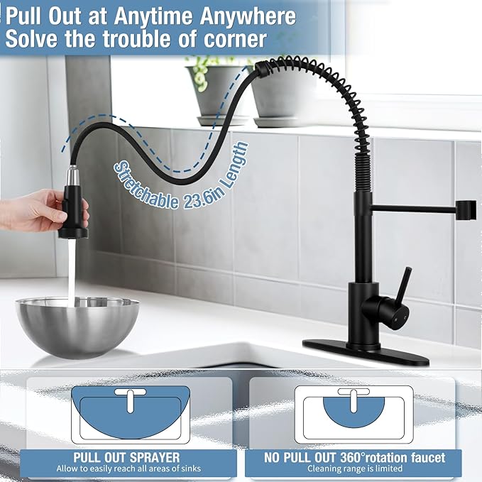 DJS Kitchen Faucets with Pull Down Sprayer Matte Black - Single Handle 1 or 3 Holes Spring Kitchen Sink Faucet with Deck Plate for Farmhouse RV Vessel Basin