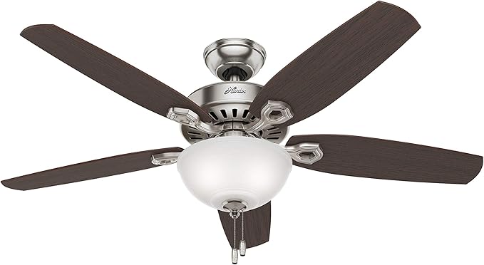 Hunter 52 inch Indoor Ceiling Fan with LED Light - Ceiling Fan with Pull Chain, For Bedroom or Living Room, Standard Mount, No Remote, 5 Blades, Includes Bulbs - Builder Deluxe 53090, Brushed Nickel