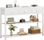 Furologee White Entryway Table, 38'' Console Sofa Table with 3 Fabric Drawers, Industrial Entry Way Table with Storage Shelves, Display Shelf for Living Room, Hallway, Entrance, Foyer