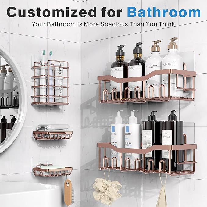 EUDELE 5-Pack Rustproof Stainless Steel Shower Caddy – No Drill Adhesive Bathroom Organizer with Large Capacity, Spacious Shower Shelves for Inside Shower, Kitchen & Home Decor Storage-XL Size