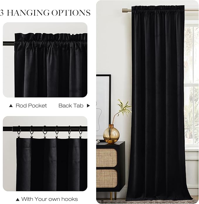 NICETOWN Black Out Velvet Curtains 108 inches Long Blackout for Patio, 52 x 108 Curtains Thermal Insulated Solid Heavy-Duty Large Window Treatments Drapes for Sliding Glass Door (2 Panels)