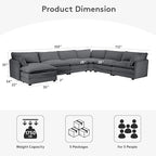 ROWHY 150'' Modular Sectional Corner Cloud Couch, 7 Seater Sofa Big Comfy Corduroy V Shaped Couch with 4 Throw Pillows, Movable Ottoman, Couches for Living Room Office Dark Grey