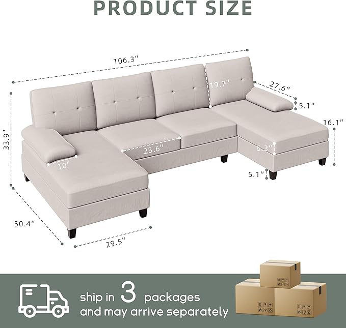 Shintenchi U-Shaped Sectional Couches for Living Room, 4 Seat Sofa with Double Chaise Lounges,Solid Wood Frame Sectional Sofa for Apartment,Creamy White