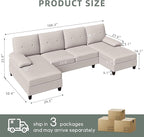 Shintenchi U-Shaped Sectional Couches for Living Room, 4 Seat Sofa with Double Chaise Lounges,Solid Wood Frame Sectional Sofa for Apartment,Creamy White