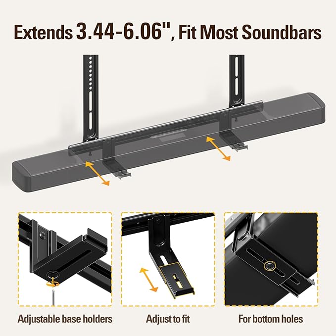 Mounting Dream Soundbar Mount, Heavy Duty Soundbar Wall Mount for Sound Bars with Holes/Without Holes Up to 26.5 LBS, Soundbar Bracket Height Adjust, No-Slip Base Holder Extends 3.44”-6.06”, MD5428