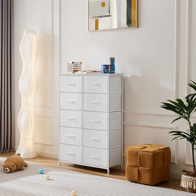 Dresser for Bedroom with 10 Drawers, Anti-Tip Tall Fabric Chests Storage Organizer Tower Furniture with Wooden Top Metal Frame for Clothes, Closet, Living Room, Hallway, Entryway