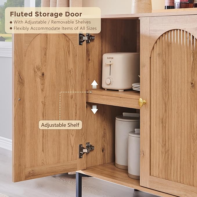 Modern Buffet Cabinet with Storage, 123.5" W Fluted Arched Sideboard Cabinet w/Adjustable Shelves, Wooden Modular Coffee Bar for Dining Room, Kitchen, Living Room, Entryway, Natural