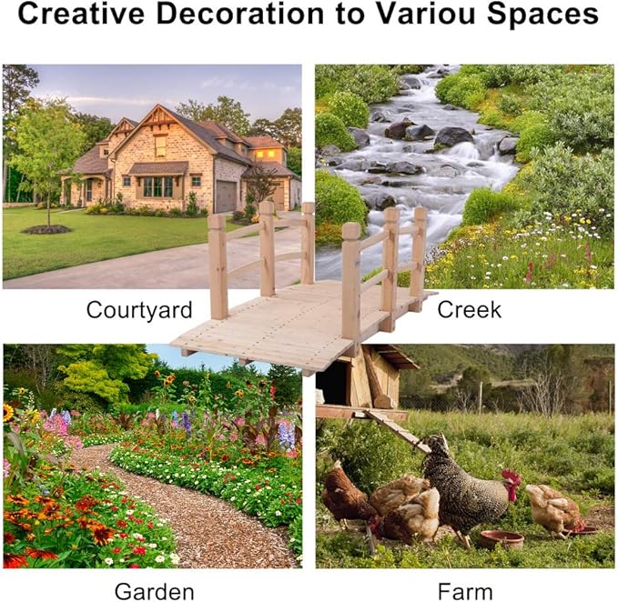 VINGLI 5 ft Garden Bridge, Classic Wooden Arch with Safety Rails Natural Finished Footbridge, Decorative Pond Landscaping, Backyard Creek or Farm