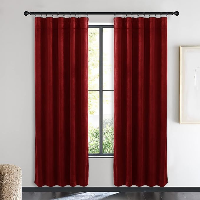 NICETOWN Christmas Red Velvet Curtains and Drapes, Extra Long Elegant Wall Backdrop Drapes for Holiday Season Home Decoration (Set of 2, Rod Pocket Design, 72 inches Long)