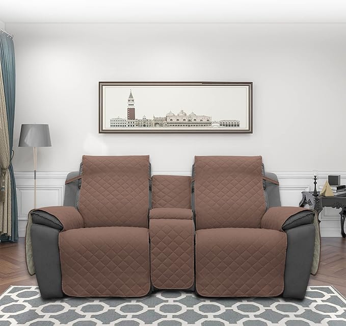 Easy-Going Loveseat Recliner Cover with Console, Reversible Couch Cover for Living Room, Split Sofa Cover for Each Seat with Elastic Straps for Kids, Dogs, Pets(2 Seater, Brown/Beige)
