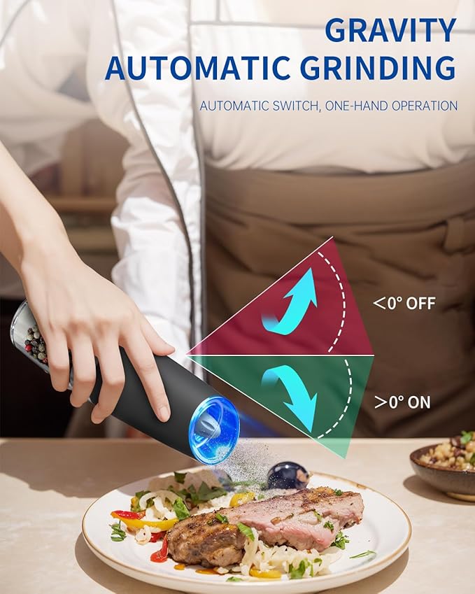 CIRCLE JOY Gravity Electric Salt and Pepper Grinder Set Automatic Salt and Pepper Grinder Set with LED Light, Battery Operated, Adjustable Coarseness, Large Capacity, for Home Kitchen BBQ