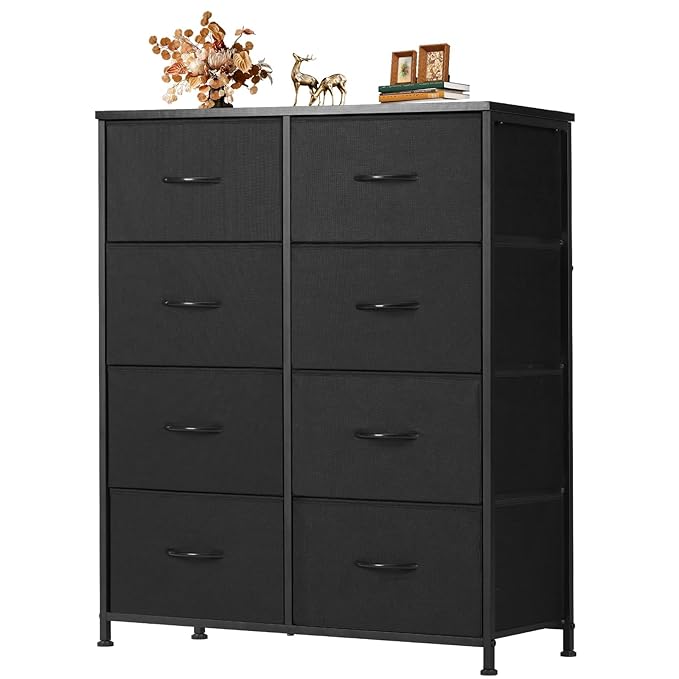 Dresser for Bedroom with 8 Drawers, Anti-Tip Tall Fabric Chests Storage Organizer Tower Furniture with Wooden Top Metal Frame for Clothes, Closet, Living Room, Hallway, Entryway