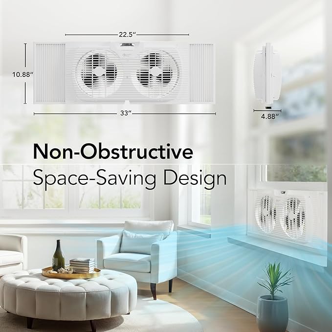 Comfort Zone 9-Inch 3-Speed Reversible Twin Window Fan – Dual Blade Window Exhaust Fan with Auto-Locking Expanders, 22.25" to 33" Wide – Tabletop Feet & Removable Bug Screen included