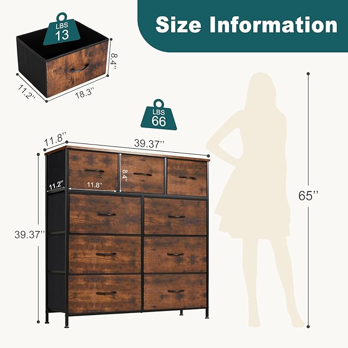Dresser for Bedroom with 9 Drawers, Anti-Tip Tall Fabric Chests Storage Organizer Tower Furniture with Wooden Top Metal Frame for Clothes, Closet, Living Room, Hallway, Entryway