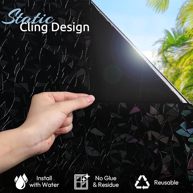 rabbitgoo Window Privacy Film Rainbow Film Decorative Window Sticker, 3D Static Stained Glass Cling Tint for Room Darkening Day Sleep, Black, 29.5 x 118.1 inches