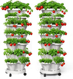 7 Tiered Strawberry Planters 2 Pack, Vertical Stackable Planter, Herb Stacking Tower Garden, Flower and Vegetable Planters with Support Pole Indoor & Outdoor with Removable Wheels - White