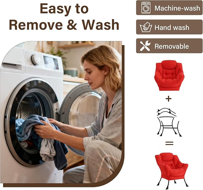 Welnow Lazy Chair with Ottoman, Modern Accent Chair with Armrests and a Side Pocket, Leisure Sofa Armchair Set, Reading Armchair with Footrest for Small Space, Red