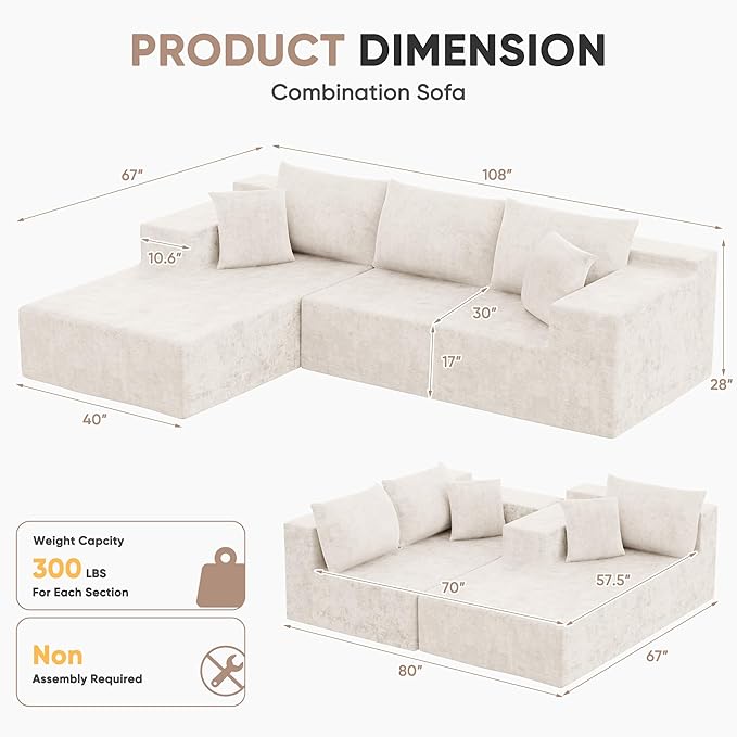 Homall 108" Modular Sectional Sofa, Boneless Couch with L-Shape Chaise, Cloud Couch with Deep Seat Upholstered, No Assembly Required for Living Room, Bedroom (Chenille, Beige)