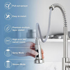 DJS Kitchen Faucets with Pull Down Sprayer Brushed Nickel -Single Handle 1 or 3 Holes Spring Kitchen Sink Faucet with Deck Plate for Farmhouse RV Vessel Basin