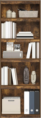 Furinno JAYA Book Shelf, 5-Tier Bookshelf, Enhanced Home Bookcase with Adjustable shelf, 9.5" x 24.5" x 71.1", for Organization and Storage, for Living Room, Bedroom, Home Office, Amber Pine