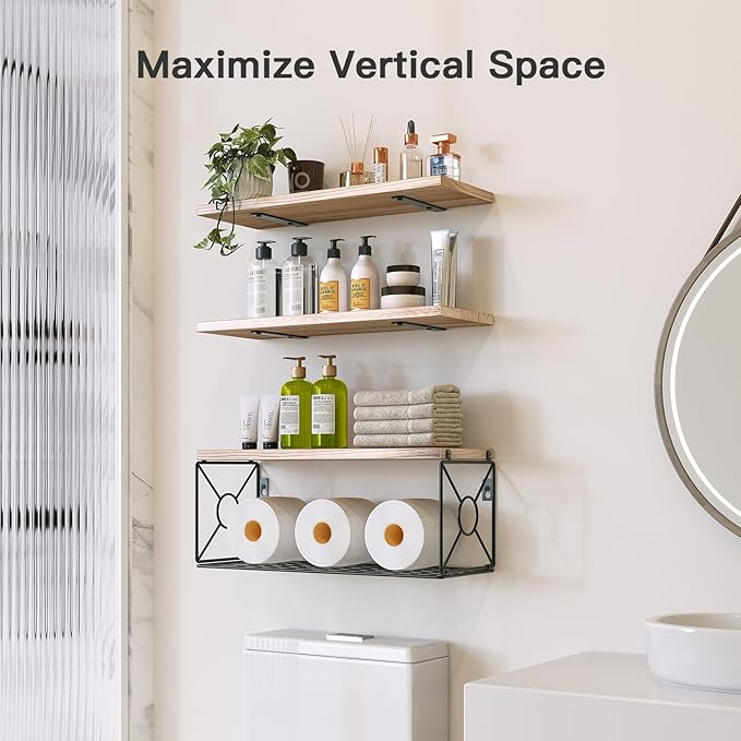 Amada Bathroom Shelves Over Toilet with Storage Basket, Floating Wall Shelf for Home Organization & Wall Decor, Bathroom/Kitchen/Living Room Shelves–Natural Wood