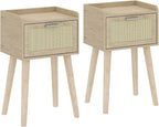 LAATOOREE Nightstand Set of 2, Small Bedside Table, End Table with Rattan Door, Boho Side Table with Solid Wood Legs for Bedroom Living Room Small Space