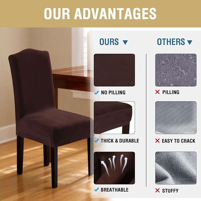 H.VERSAILTEX Velvet Dining Chair Covers Stretch Chair Covers for Dining Room Set of 6 Parson Chair Slipcovers Chair Protectors Covers Dining, Soft Thick Solid Velvet Fabric Washable, Brown