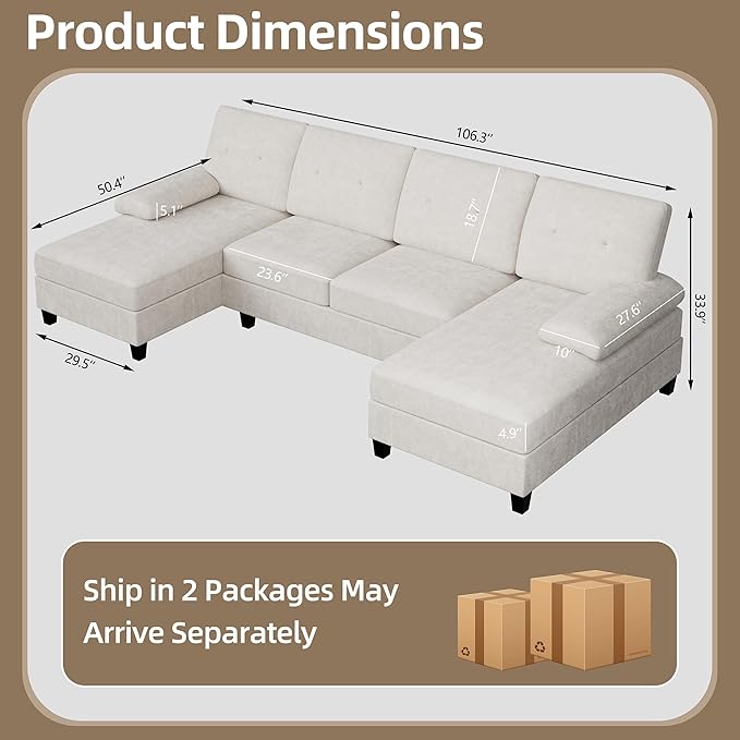 Shintenchi U-Shaped Sectional Couches for Living Room, 4 Seat Sofa with Double Chaise Lounges,Solid Wood Frame Sectional Sofa for Apartment,White